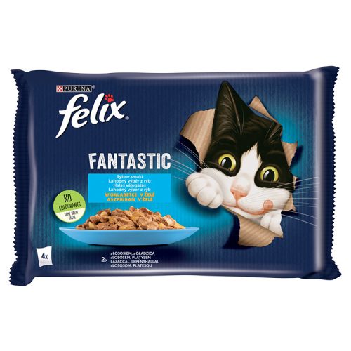 FELIX FANTASTIC lazaccal/lepényhallal aszpikban nedves macskaeledel 4x85g