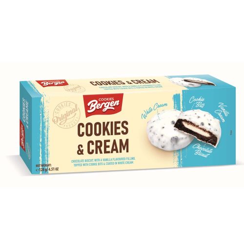 Bergen Cookies & Cream - Vanília krémmel töltött keksz 128g